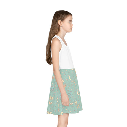 Girls' Moon & Butterfly Sundress — Aqua Patterned Sleeveless Dress