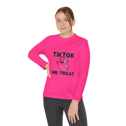 TikTok Halloween Long Sleeve Tee, Youth Costume Shirt, Spooky Apparel, Trick or Treat Top, Youth Ghost Halloween Shirt