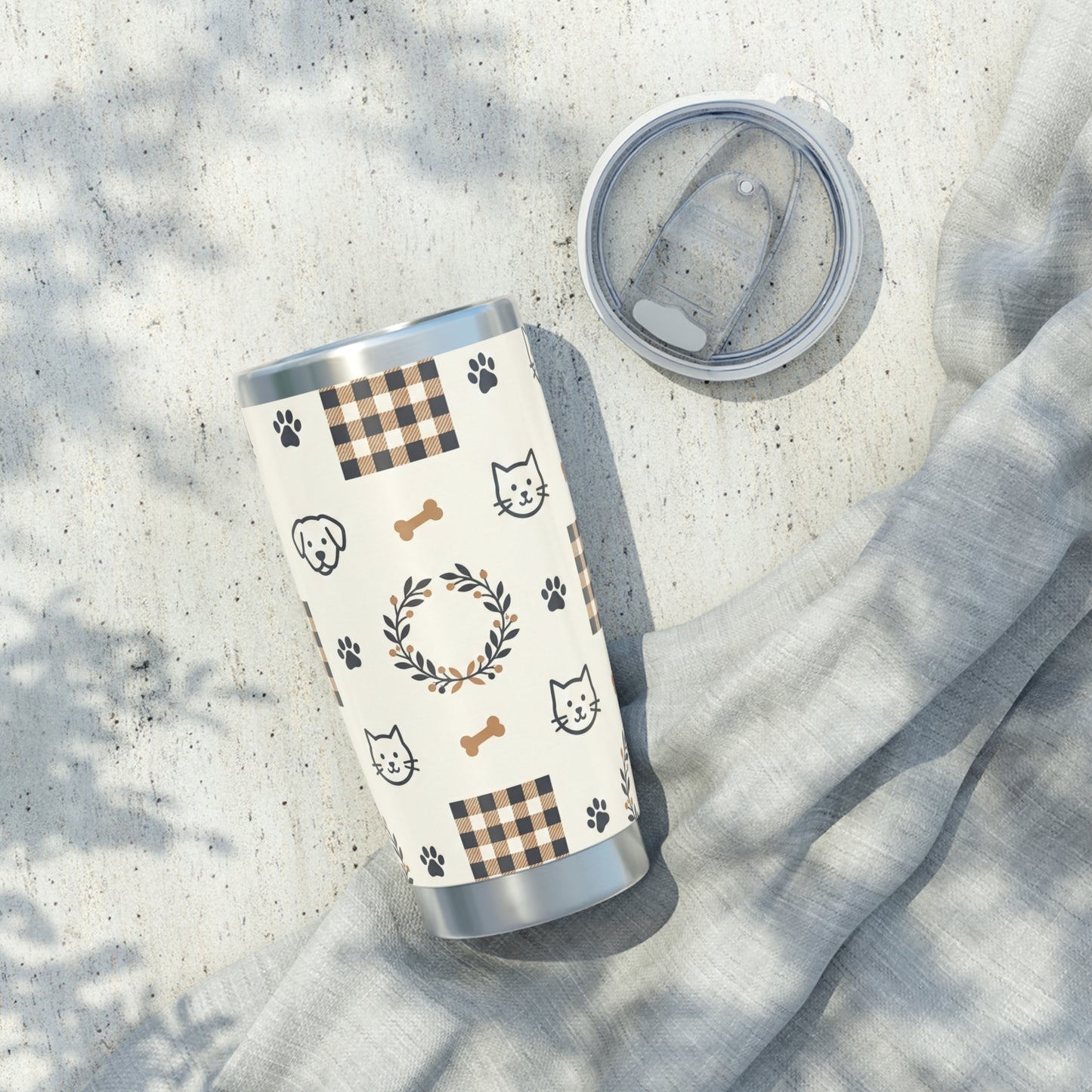 20oz Tumbler - Cozy Plaid Pets Travel Cup (Dog & Cat Paw, Bone & Wreath Design)