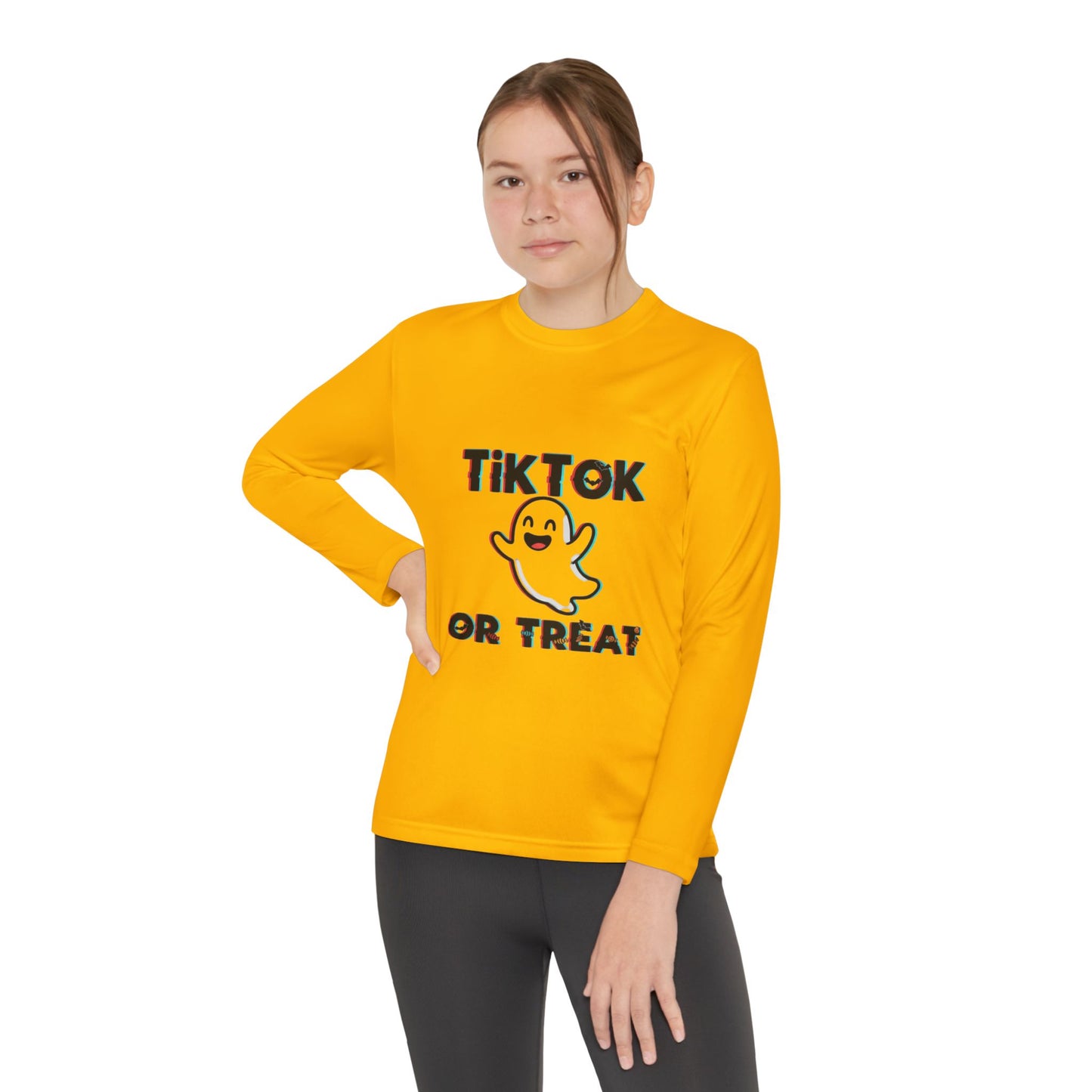 TikTok Halloween Long Sleeve Tee, Youth Costume Shirt, Spooky Apparel, Trick or Treat Top, Youth Ghost Halloween Shirt