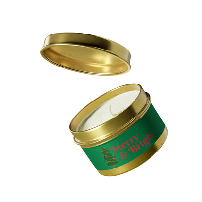 Merry & Bright Christmas eco-friendly Tin Candle — Holiday Scented Soy Candle- the give back candle collection