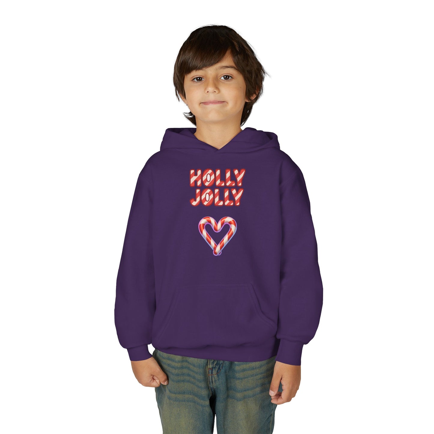 Youth Hoodie — "Holly Jolly" Candy Cane Heart Christmas Sweatshirt