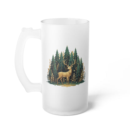 Frosted Beer Stein — Woodland Moose & Pine Forest Glass Mug