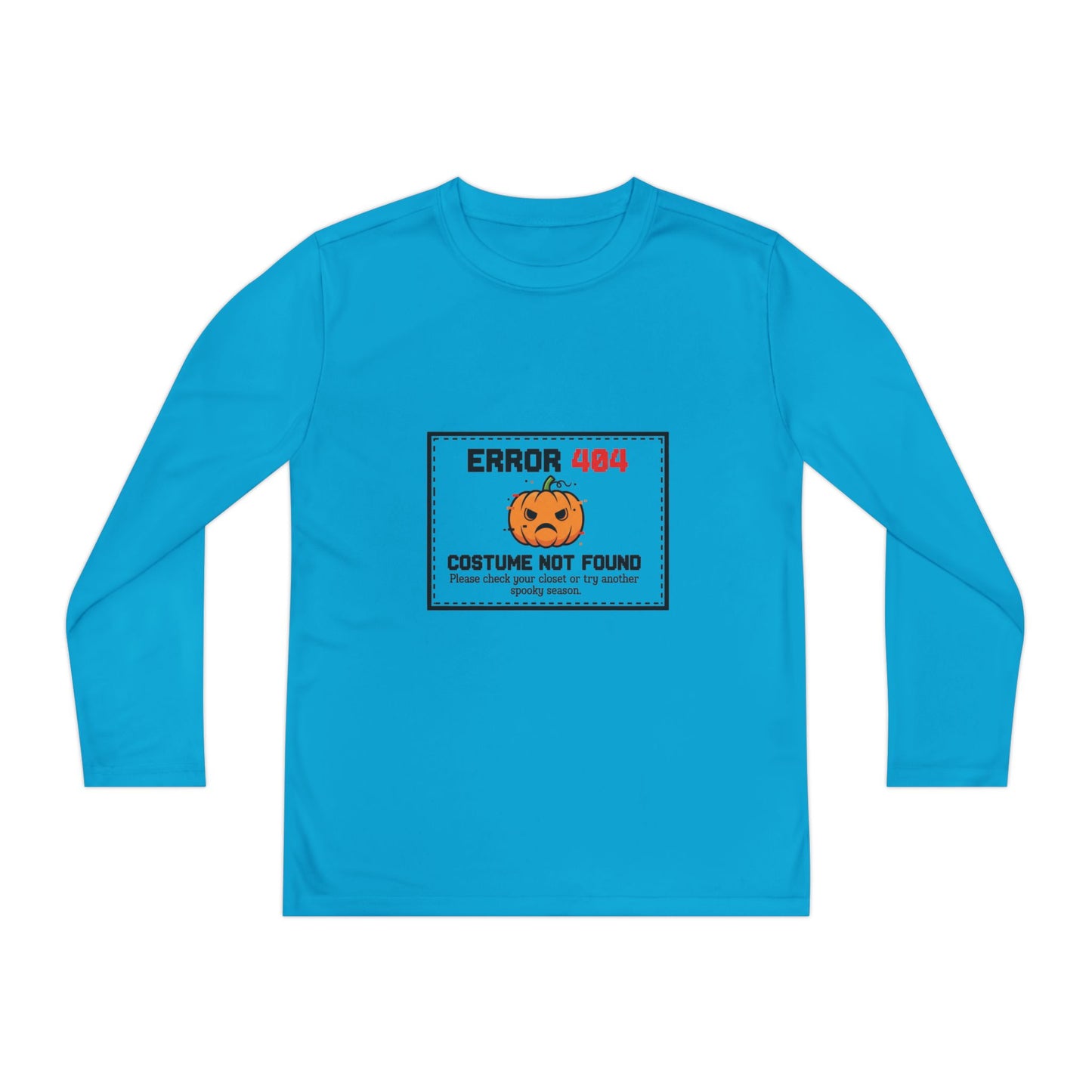 Youth Long Sleeve Halloween Tee, Kids Costume Shirt, Spooky Error 404 Top, Funny Trick-or-Treat Apparel, Halloween Party Outfit