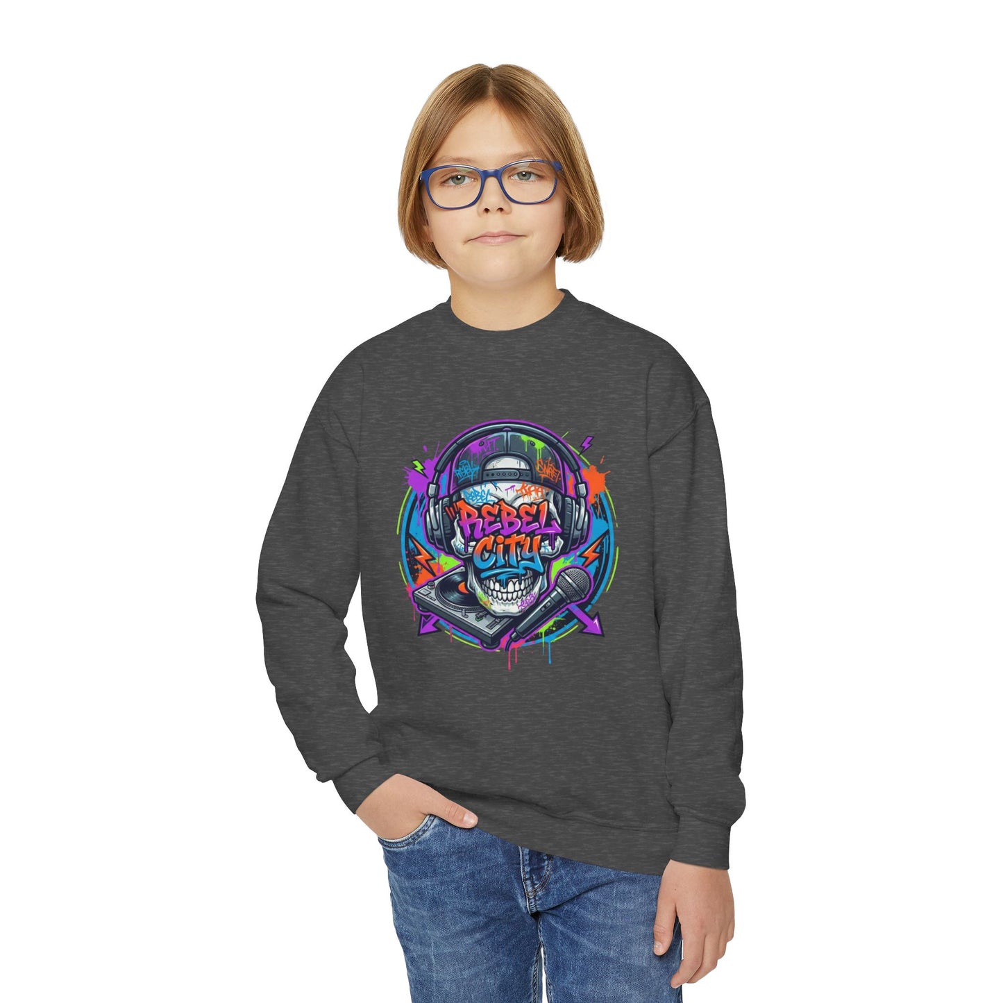 Youth Crewneck Sweatshirt — Neon spray paint rebel Skull 'Rebel With A Cause' Graphic
