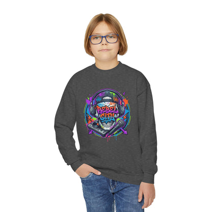 Youth Crewneck Sweatshirt — Neon spray paint rebel Skull 'Rebel With A Cause' Graphic
