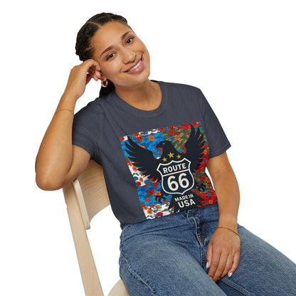 Route 66 Made in USA T-Shirt — Vintage Eagle Floral Roadtrip Tee- camo flower combo T-shirt