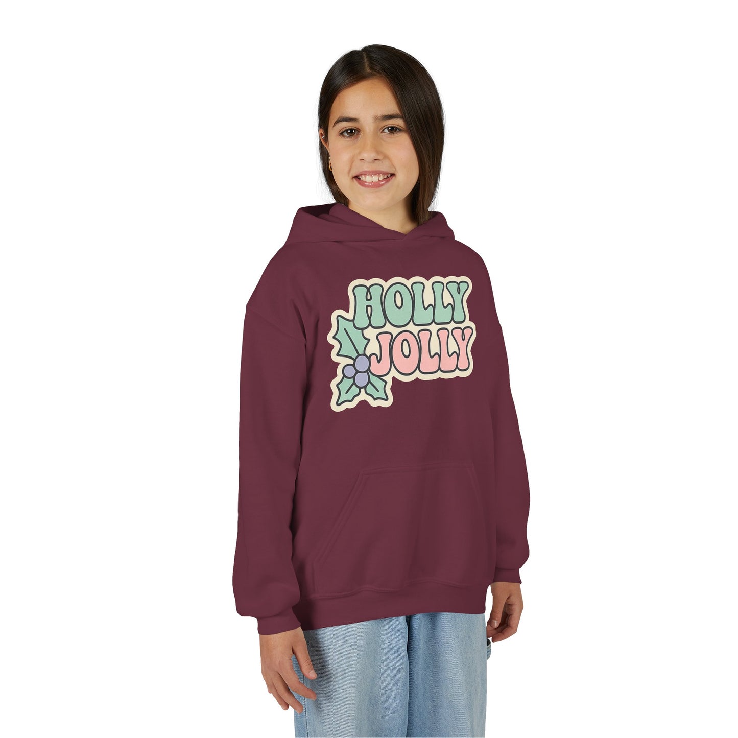 Girls Youth Hoodie — 'Holly Jolly' Pastel Christmas Holiday Sweatshirt