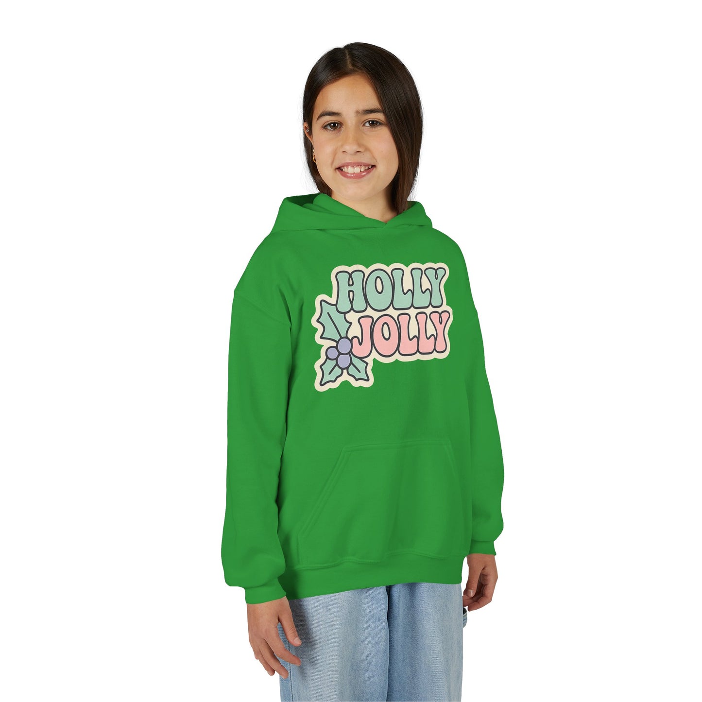 Girls Youth Hoodie — 'Holly Jolly' Pastel Christmas Holiday Sweatshirt