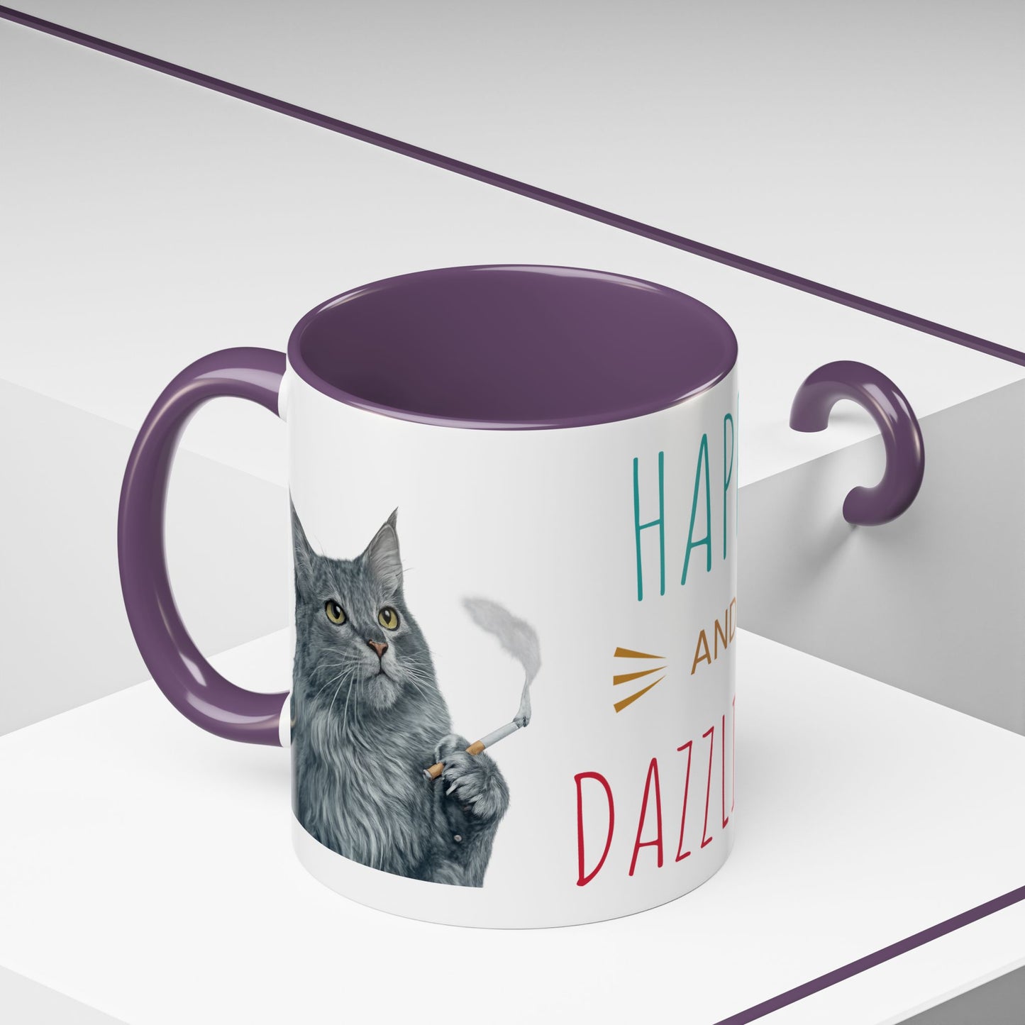 Happy and Dazzling smoking Cat Coffee Mug — Cute Cat smoking a cigarette Illustration Accent Mug (11/15 oz) (free shipping)