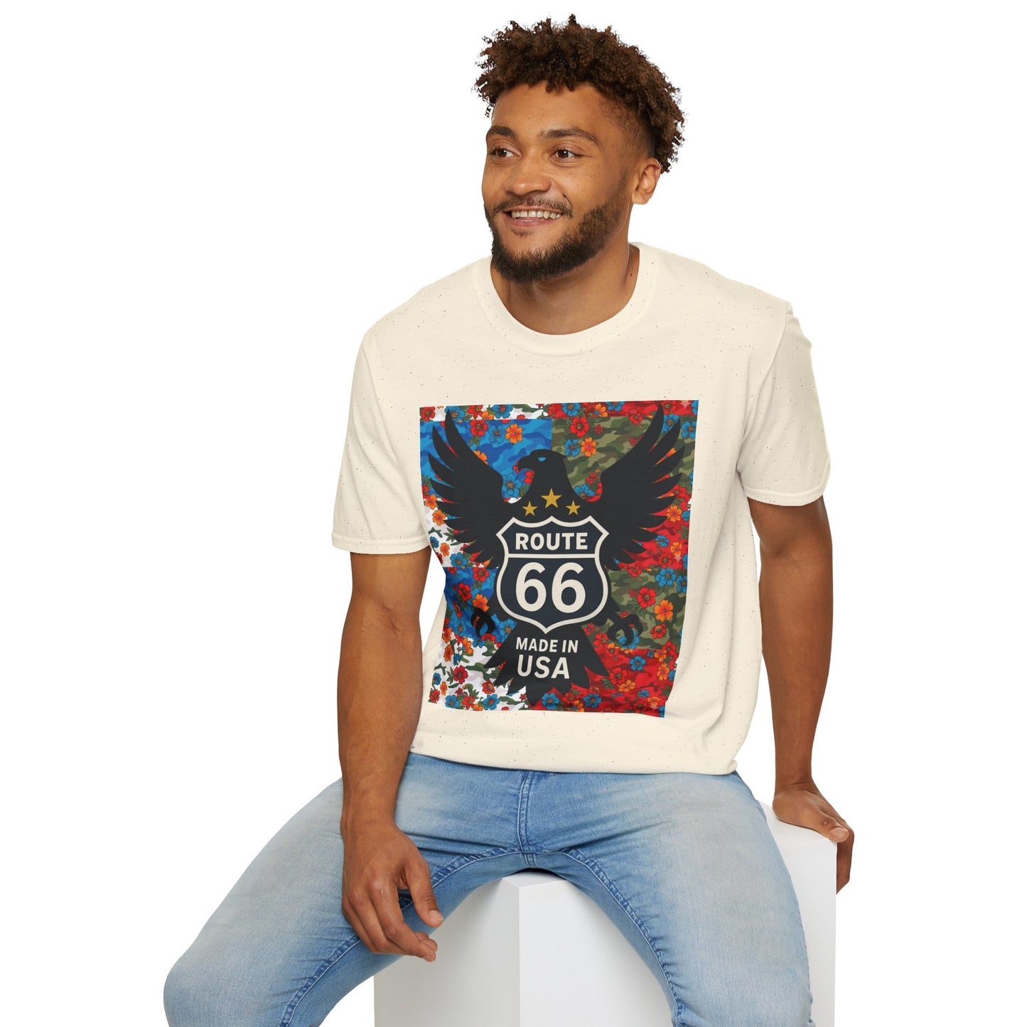 Route 66 Made in USA T-Shirt — Vintage Eagle Floral Roadtrip Tee- camo flower combo T-shirt