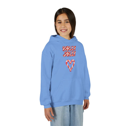 Youth Hoodie — "Holly Jolly" Candy Cane Heart Christmas Sweatshirt