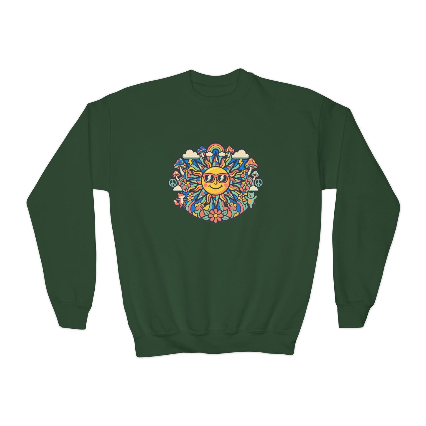 Youth Y2K Aesthetic - Crewneck Sweatshirt — Colorful Retro Sun & Floral Graphic