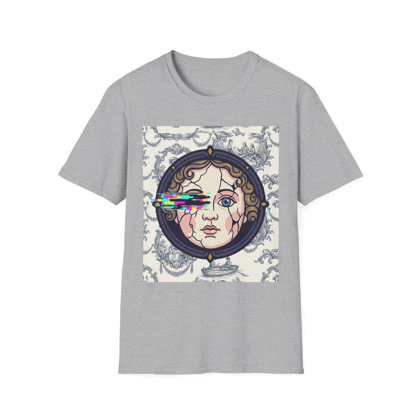 Glitch retro cracked porcelain doll face- Rococo Smartphone Toile - T-Shirt — Retro Mythology Art Tee
