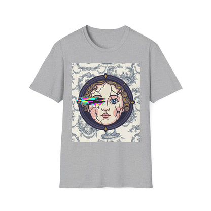 Glitch retro cracked porcelain doll face- Rococo Smartphone Toile - T-Shirt — Retro Mythology Art Tee