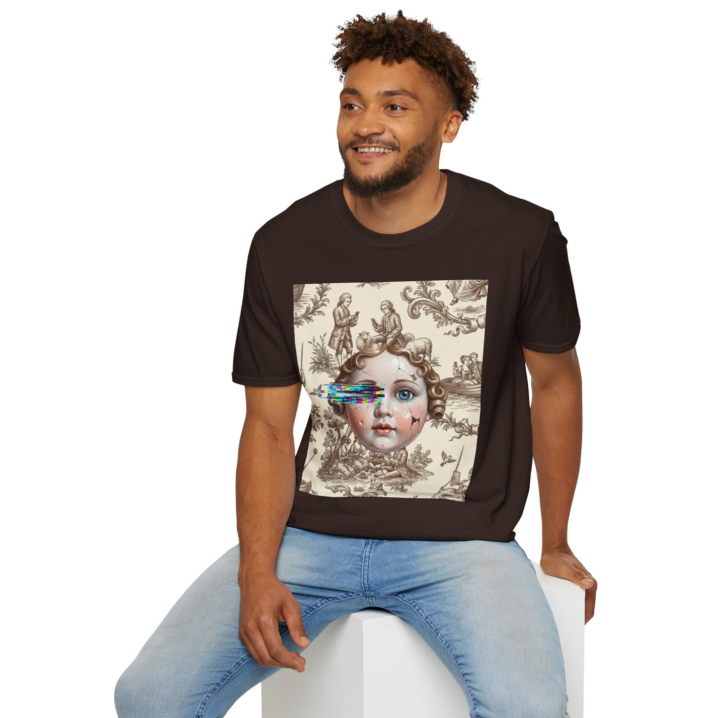 Vintage Doll Face Tee with Glitch Paint Splash