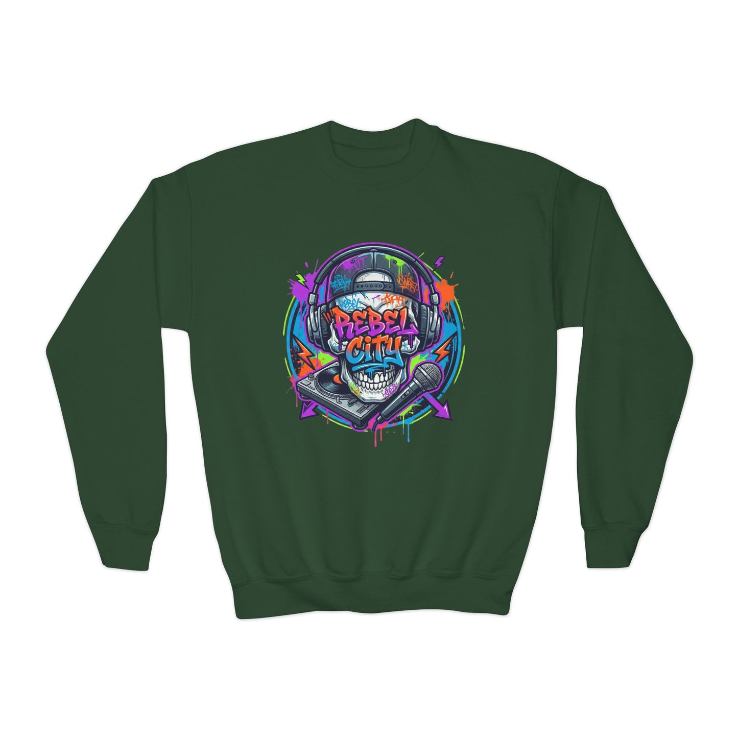 Youth Crewneck Sweatshirt — Neon spray paint rebel Skull 'Rebel With A Cause' Graphic