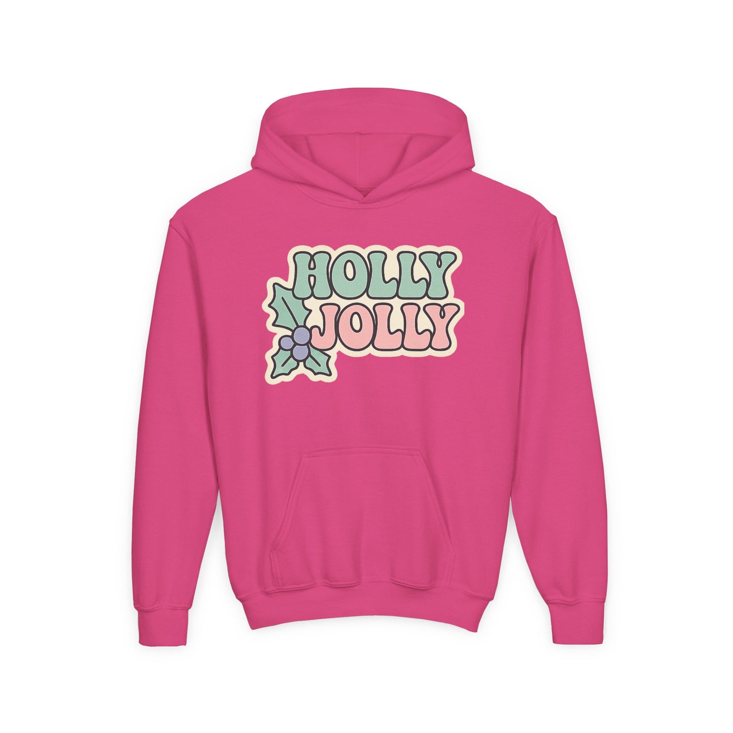 Girls Youth Hoodie — 'Holly Jolly' Pastel Christmas Holiday Sweatshirt