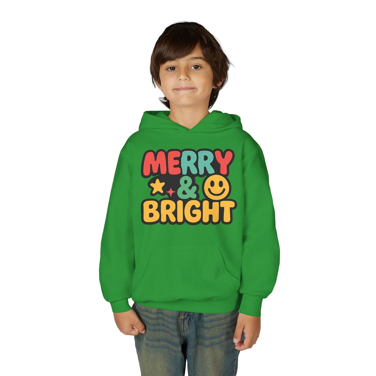 Youth Hoodie — 'Merry & Bright' Colorful Holiday Kids Sweatshirt