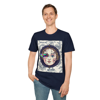 Glitch retro cracked porcelain doll face- Rococo Smartphone Toile - T-Shirt — Retro Mythology Art Tee