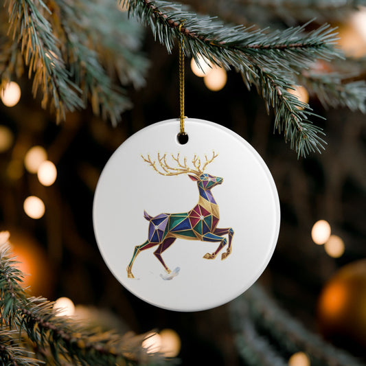 Geometric Colorful Reindeer Ceramic Ornament – Holiday Christmas Tree Decoration