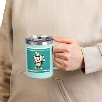 Perky’s Cafe KS Retro Teal 15oz Stainless Tumbler w/ Handle-  Mug Tumbler — Cute Smiling Coffee Cup Character, 15oz Travel Mug (free shipping)