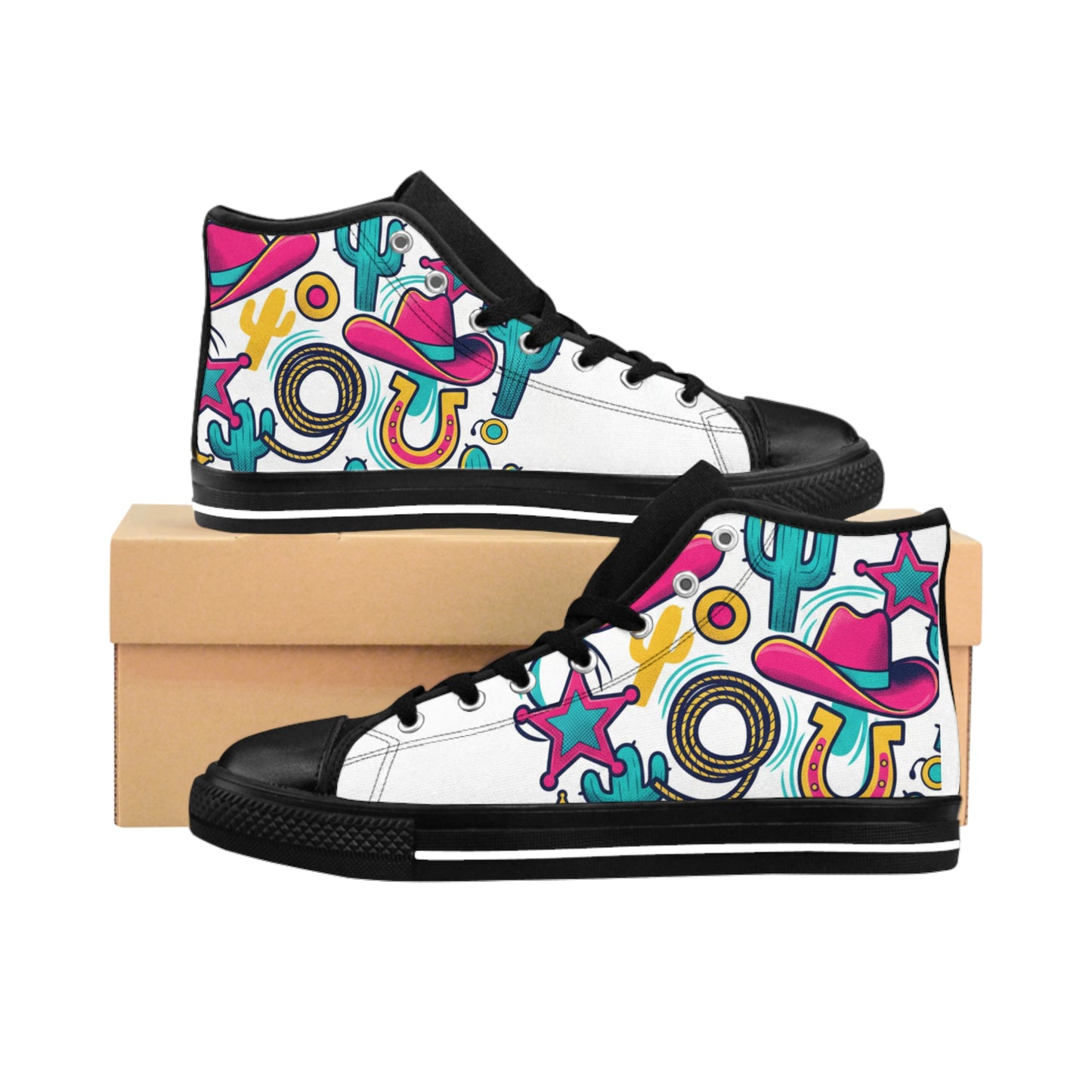Men's High-Top Sneakers — Colorful Retro Western Pattern (Cowboy Hat, Cactus, Horseshoe) (free shipping)