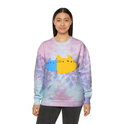 Cute Split Cat Tie-Dye Sweatshirt — Blue & Yellow Cat Graphic Crewneck