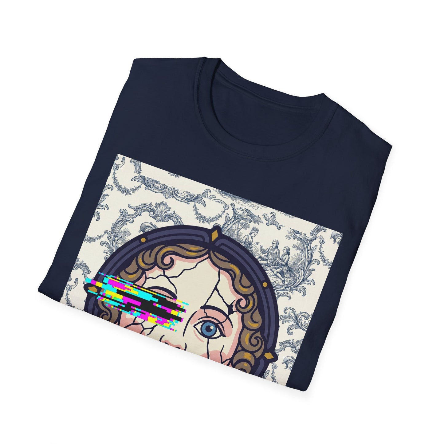 Glitch retro cracked porcelain doll face- Rococo Smartphone Toile - T-Shirt — Retro Mythology Art Tee