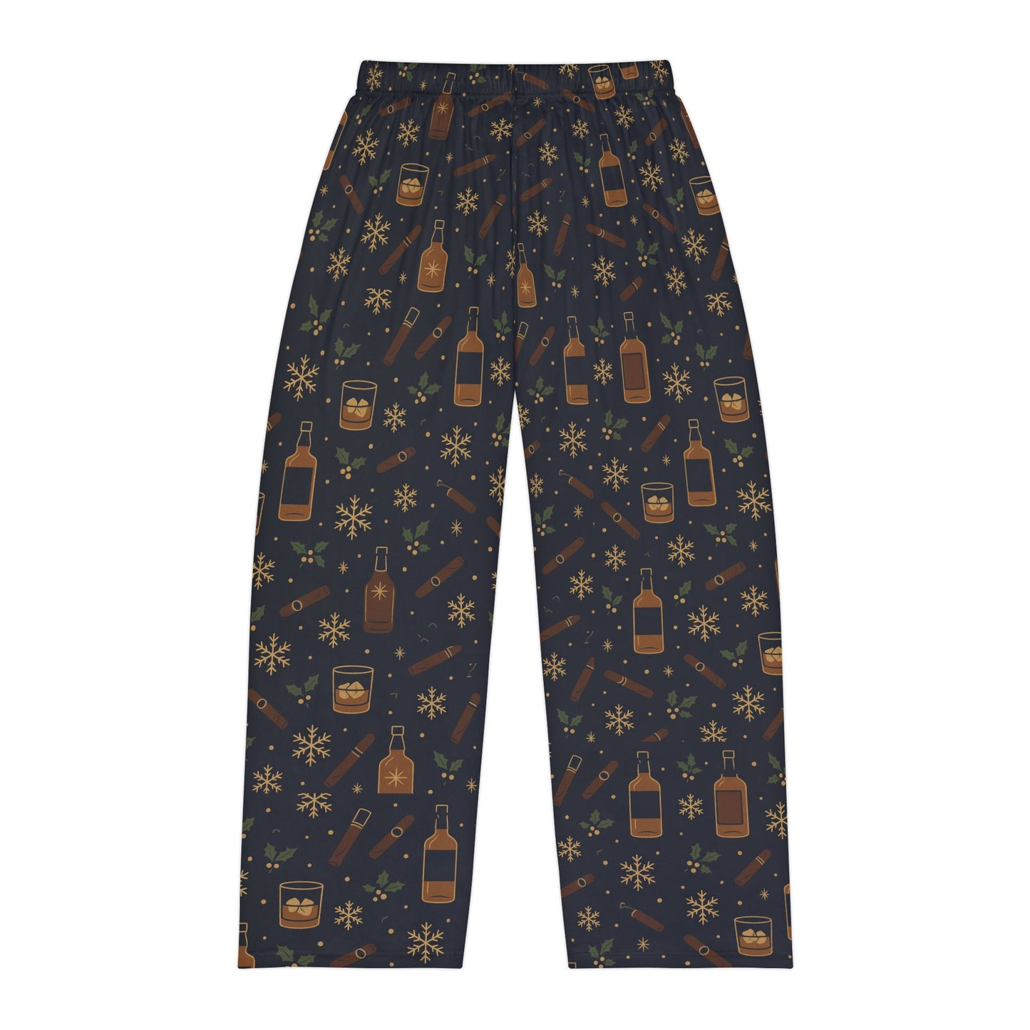 Whiskey Night Pajama Pants — Men’s Cozy Lounge Sleepwear with Bottle & Snowflake Print