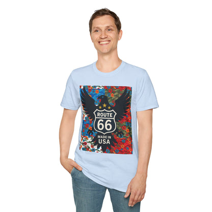 Route 66 Made in USA T-Shirt — Vintage Eagle Floral Roadtrip Tee- camo flower combo T-shirt