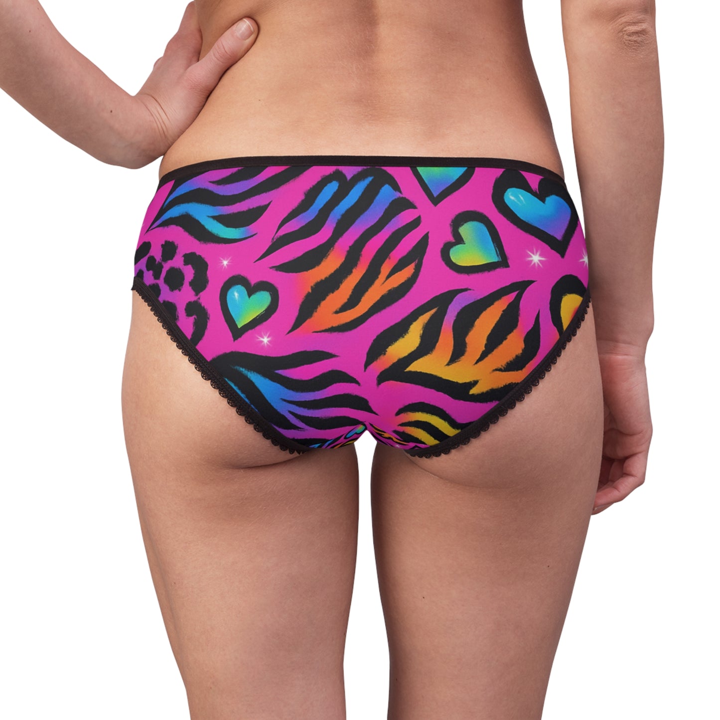 90s bright rainbow sticker animal-print pattern (leopard + zebra + tiger), neon colors, sparkles, hearts, seamless repeat tile Women's Briefs — Colorful Rainbow Zebra Print