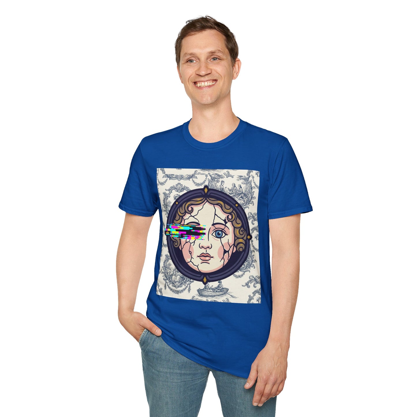 Glitch retro cracked porcelain doll face- Rococo Smartphone Toile - T-Shirt — Retro Mythology Art Tee