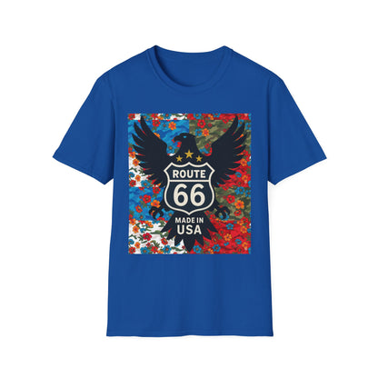 Route 66 Made in USA T-Shirt — Vintage Eagle Floral Roadtrip Tee- camo flower combo T-shirt