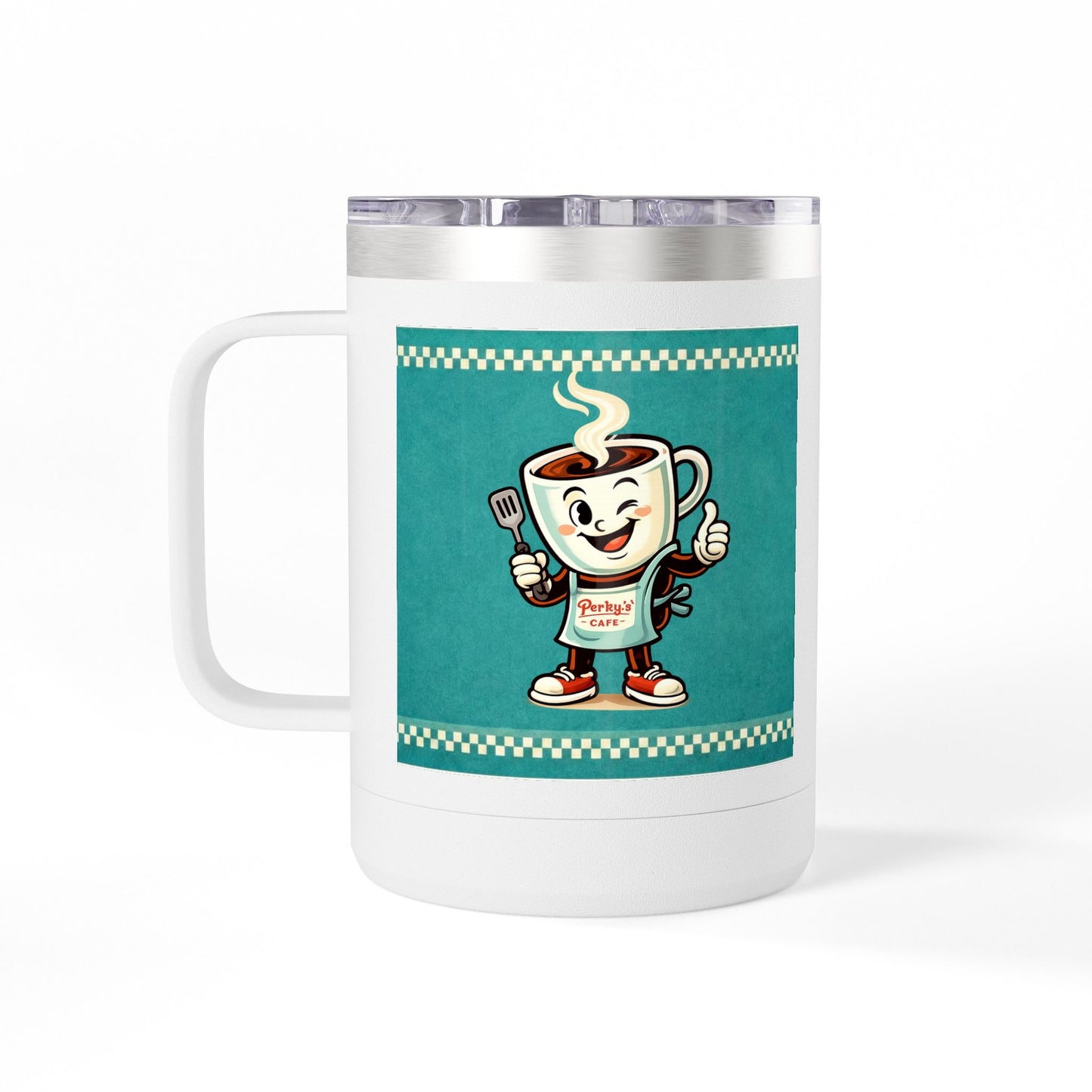 Perky’s Cafe KS Retro Teal 15oz Stainless Tumbler w/ Handle-  Mug Tumbler — Cute Smiling Coffee Cup Character, 15oz Travel Mug (free shipping)