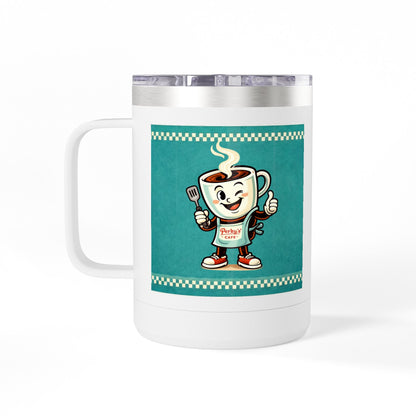 Perky’s Cafe KS Retro Teal 15oz Stainless Tumbler w/ Handle-  Mug Tumbler — Cute Smiling Coffee Cup Character, 15oz Travel Mug (free shipping)