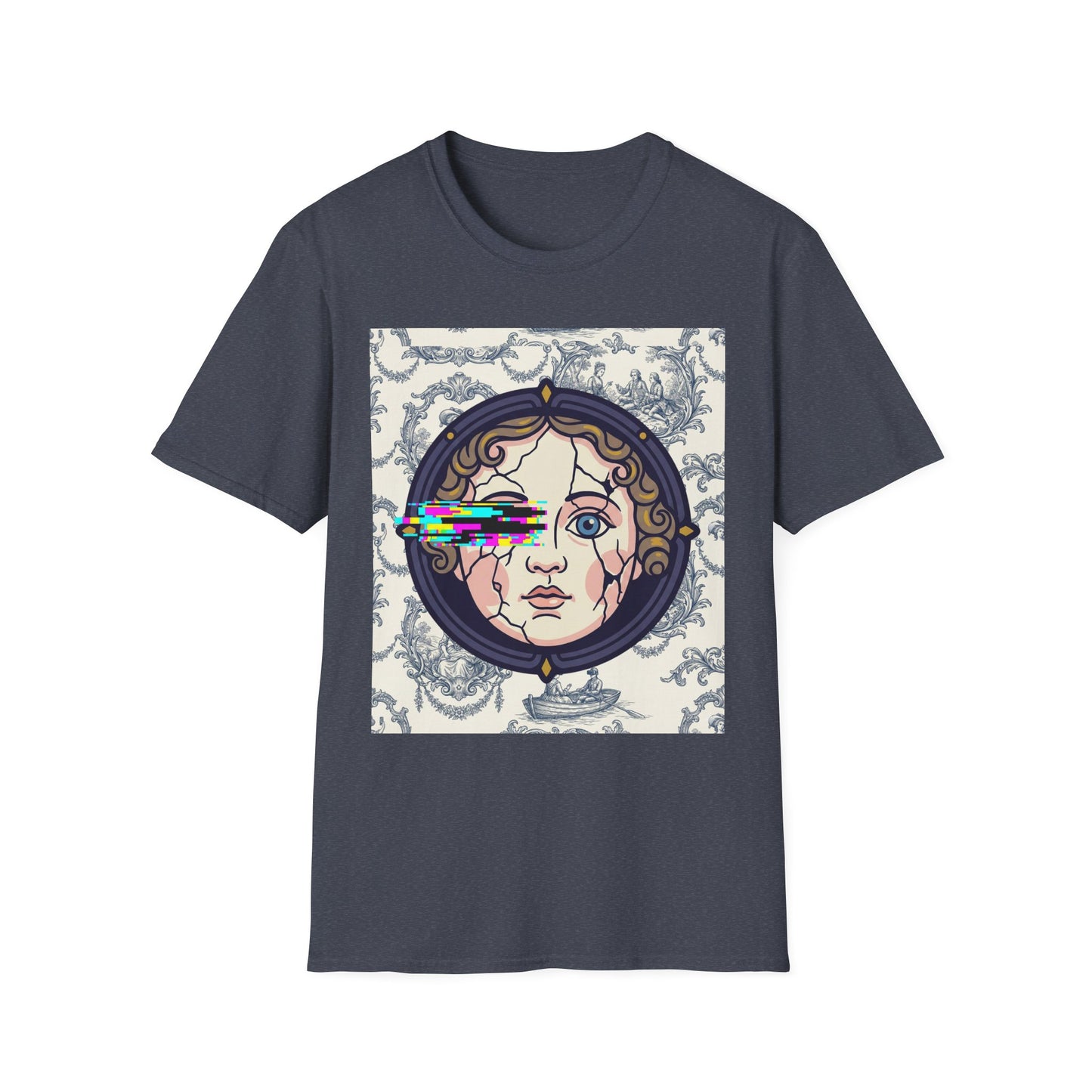 Glitch retro cracked porcelain doll face- Rococo Smartphone Toile - T-Shirt — Retro Mythology Art Tee