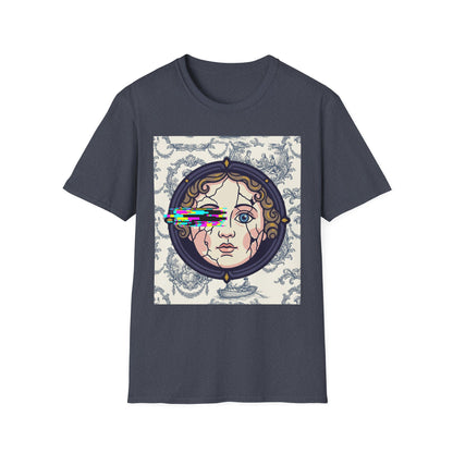 Glitch retro cracked porcelain doll face- Rococo Smartphone Toile - T-Shirt — Retro Mythology Art Tee