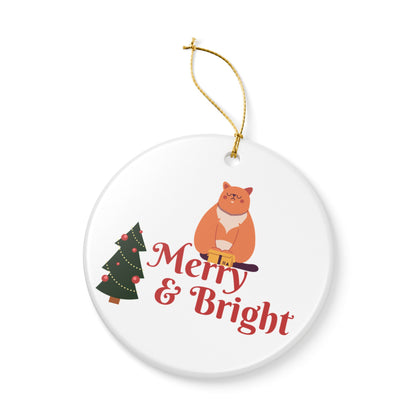 Merry & Bright Cat Ceramic Ornament — Cute Christmas Tree Holiday Decoration
