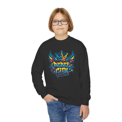 Youth Crewneck spray paint style- Sweatshirt - Colorful Rebel City Graffiti Crown Design