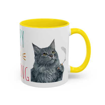 Happy and Dazzling smoking Cat Coffee Mug — Cute Cat smoking a cigarette Illustration Accent Mug (11/15 oz) (free shipping)
