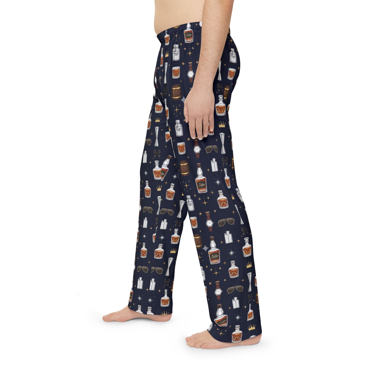Whiskey Nightmen Pajama Pants — Men's All-Over Print Lounge Pants with Bottle & Glass Pattern