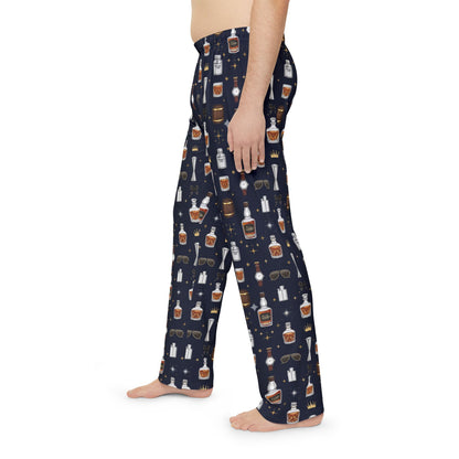 Whiskey Nightmen Pajama Pants — Men's All-Over Print Lounge Pants with Bottle & Glass Pattern