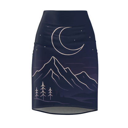 Moonlit Mountain Pencil Skirt — Night Sky Scenic AOP