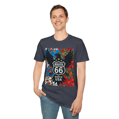 Route 66 Made in USA T-Shirt — Vintage Eagle Floral Roadtrip Tee- camo flower combo T-shirt