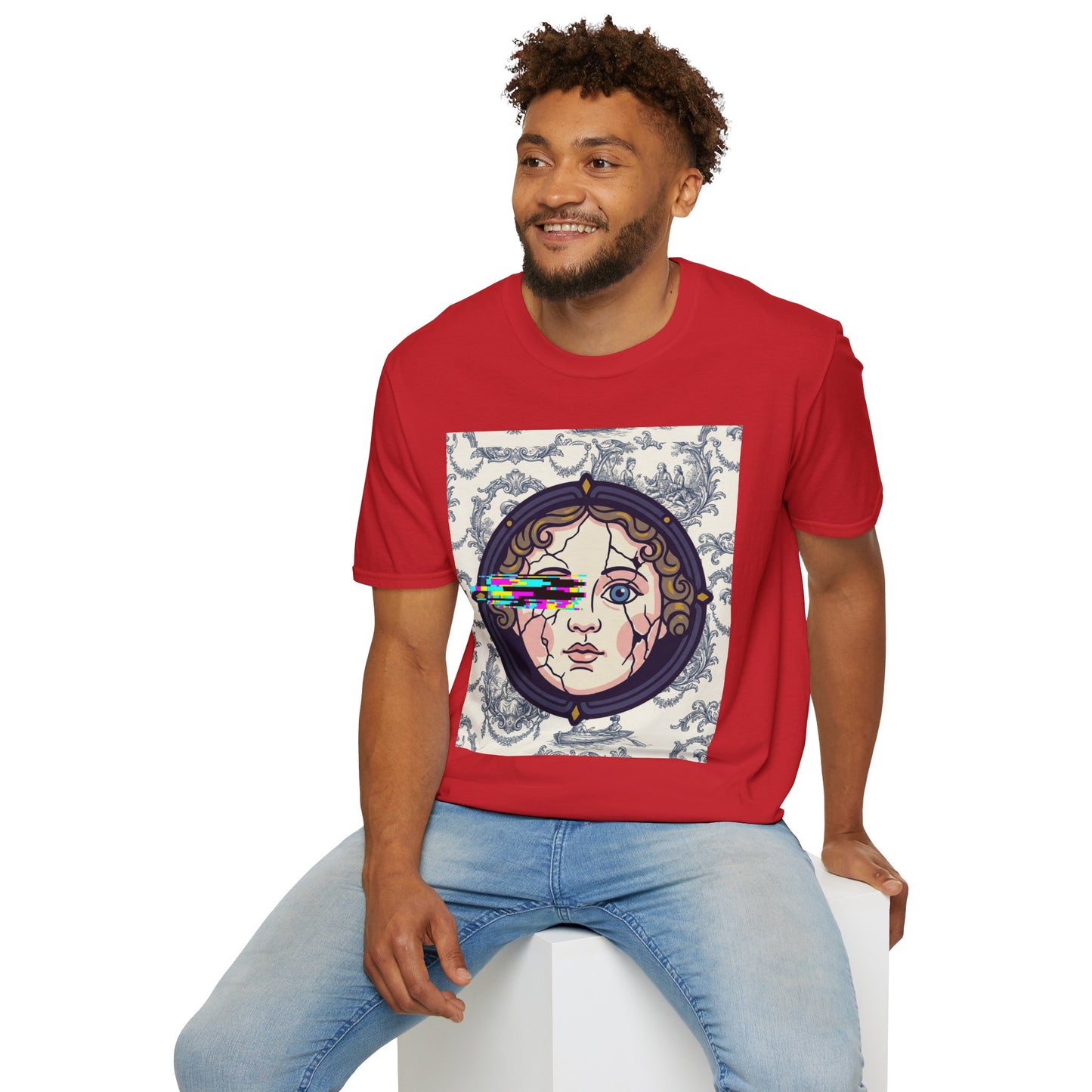 Glitch retro cracked porcelain doll face- Rococo Smartphone Toile - T-Shirt — Retro Mythology Art Tee