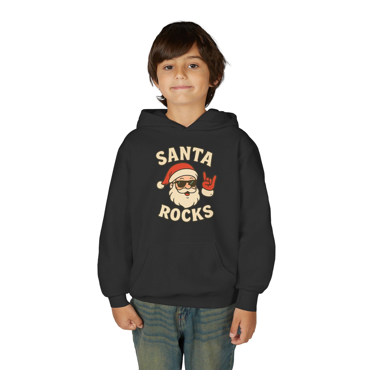 Youth Hoodie — "Santa Rocks" Cool Santa Christmas Sweatshirt