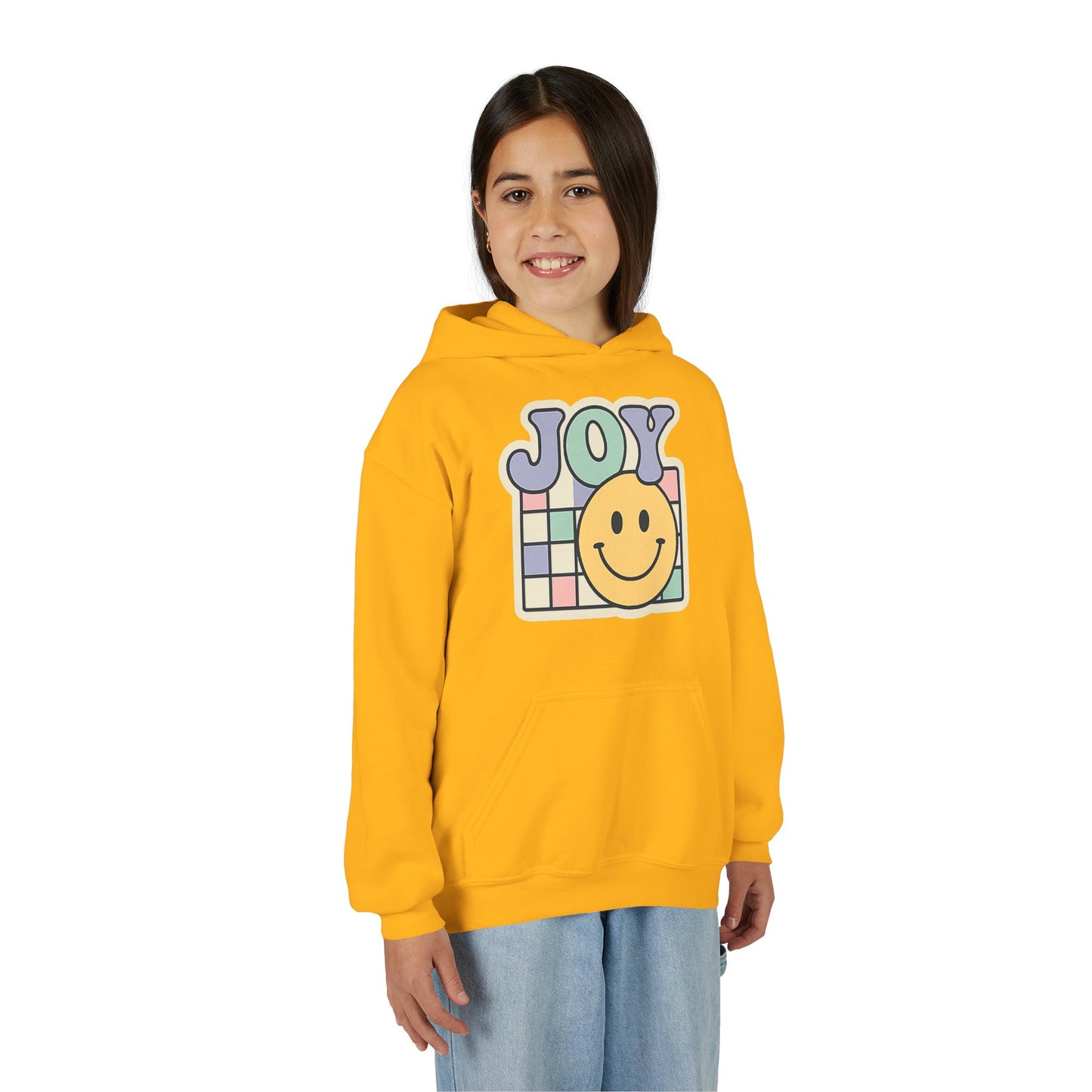 Girls Youth Hoodie – Retro 'JOY' Smiley Graphic Kids Sweatshirt