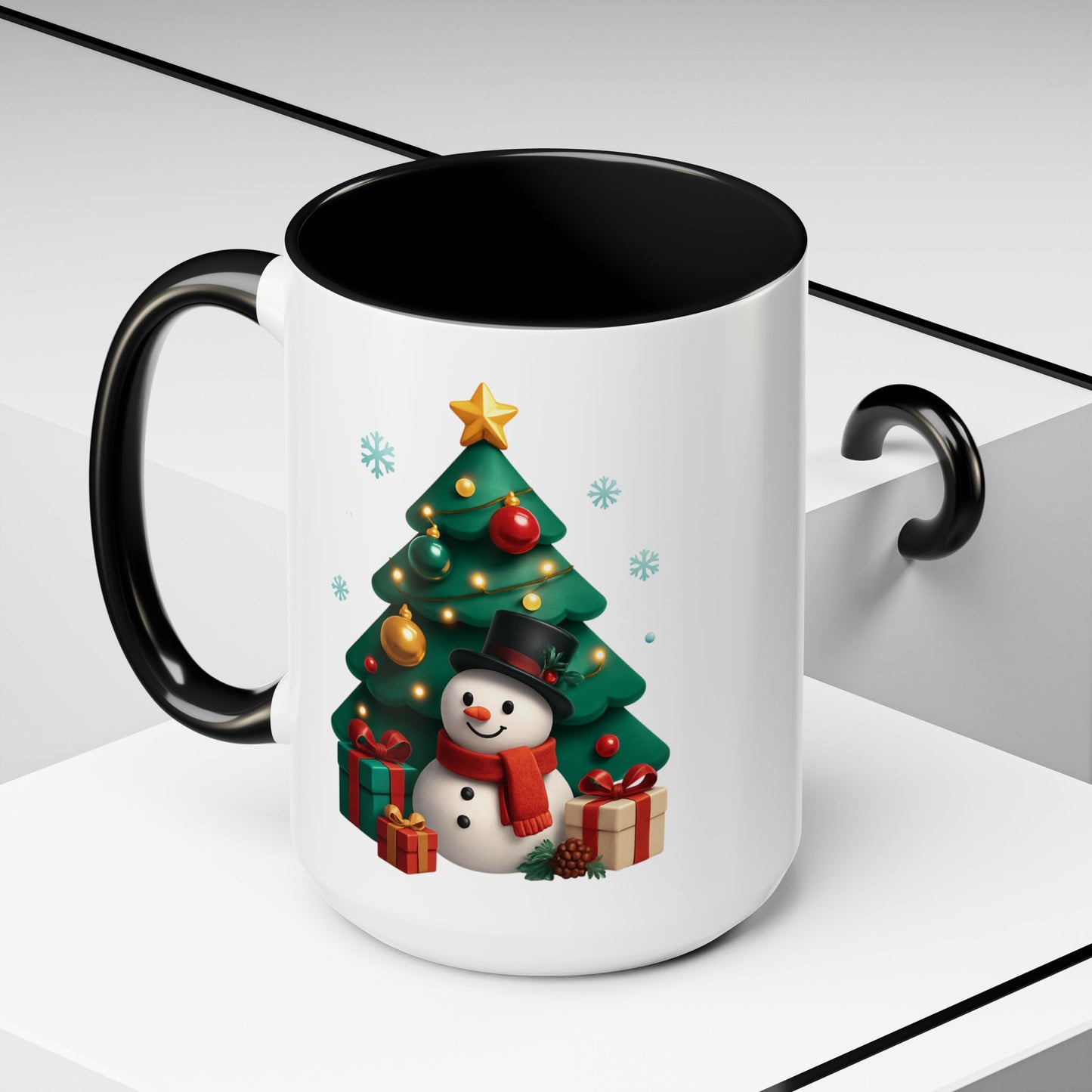 Christmas Tree & Snowman Accent Coffee Mug — Festive Holiday 11/15oz Ceramic