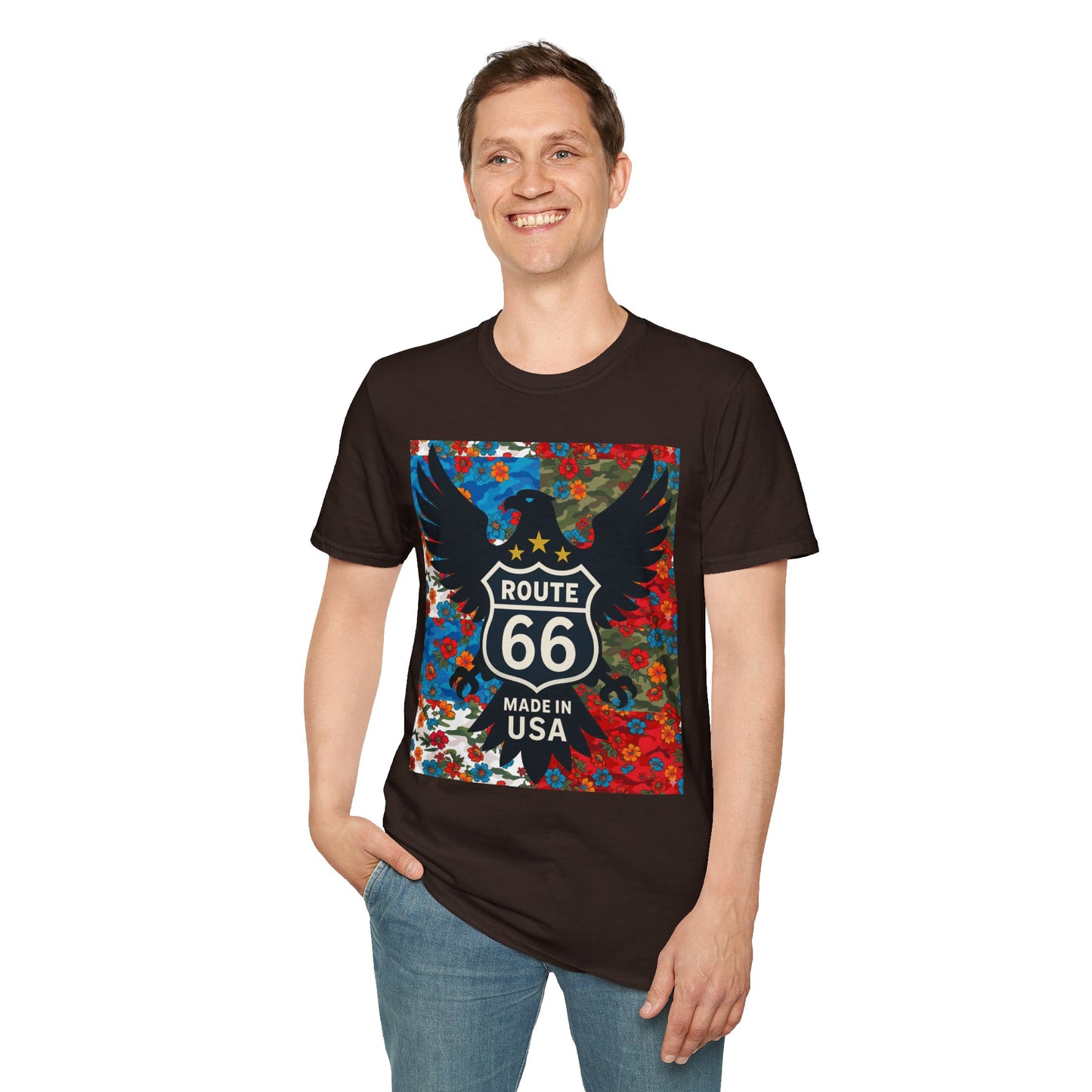 Route 66 Made in USA T-Shirt — Vintage Eagle Floral Roadtrip Tee- camo flower combo T-shirt